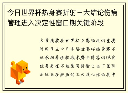 今日世界杯热身赛折射三大结论伤病管理进入决定性窗口期关键阶段